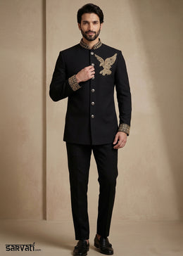 Black Satin Silk Jodhpuri Suit with Gold Eagle Embroidery