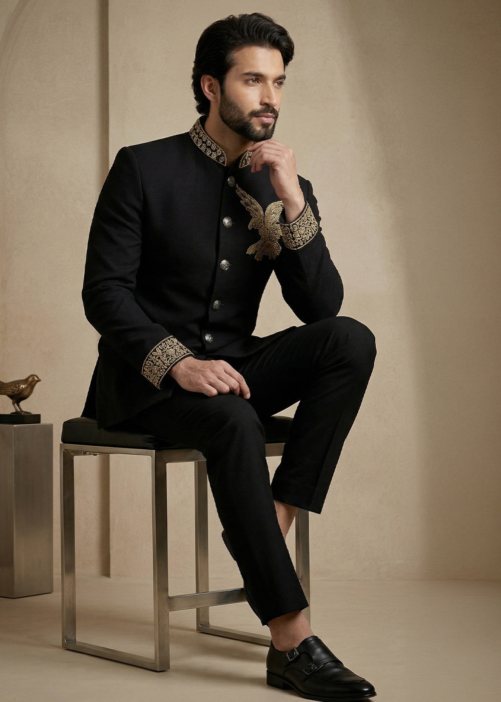 Black Satin Silk Jodhpuri Suit with Gold Eagle Embroidery