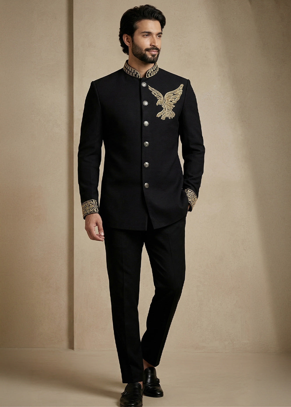Black Satin Silk Jodhpuri Suit with Gold Eagle Embroidery