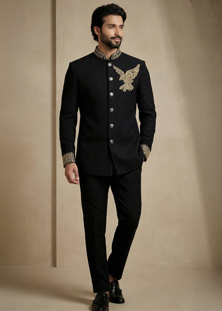 Black Satin Silk Jodhpuri Suit with Gold Eagle Embroidery