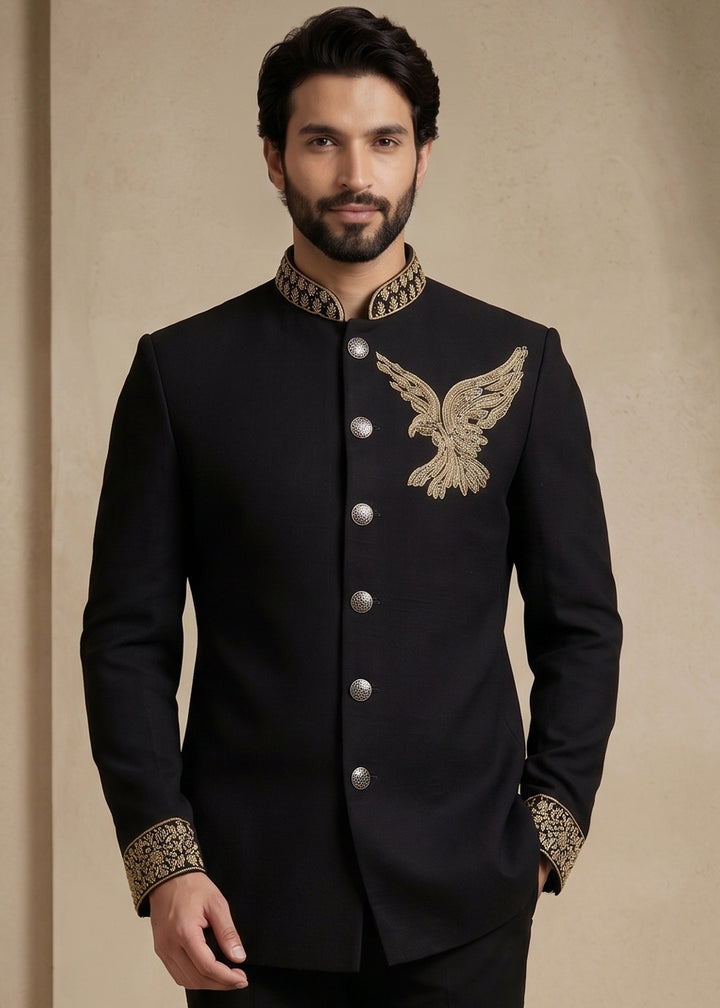 Black Satin Silk Jodhpuri Suit with Gold Eagle Embroidery