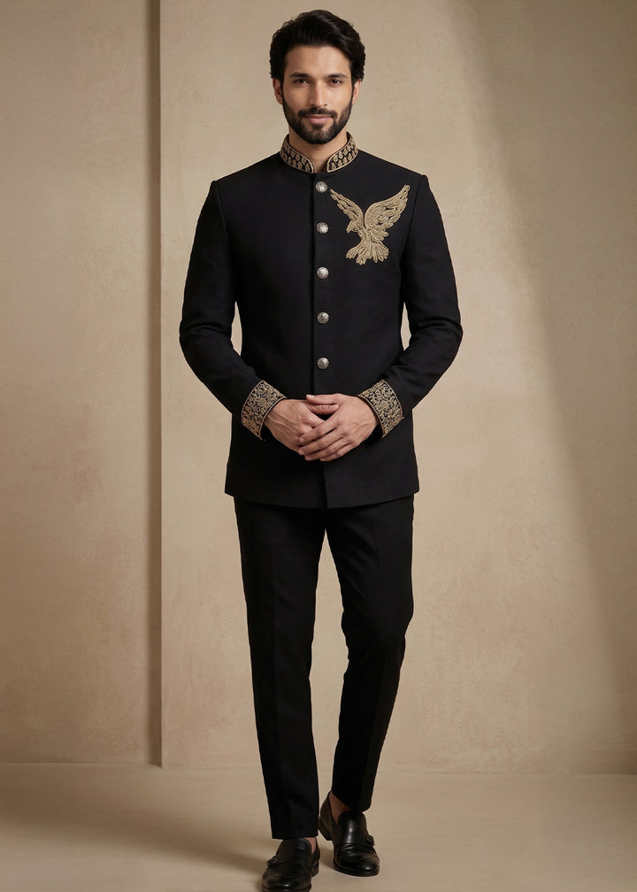 Black Satin Silk Jodhpuri Suit with Gold Eagle Embroidery