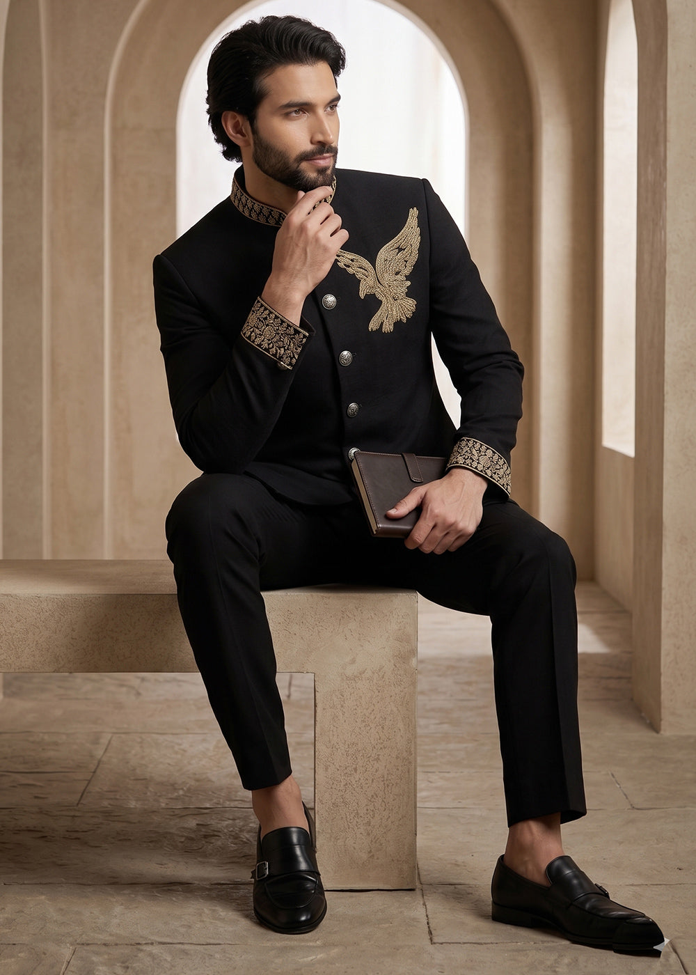 Black Satin Silk Jodhpuri Suit with Gold Eagle Embroidery
