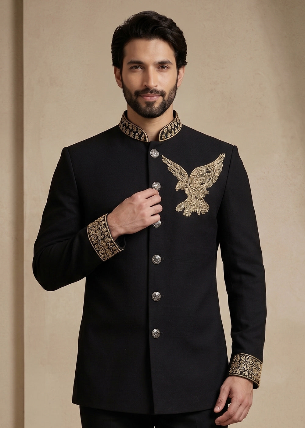 Black Satin Silk Jodhpuri Suit with Gold Eagle Embroidery