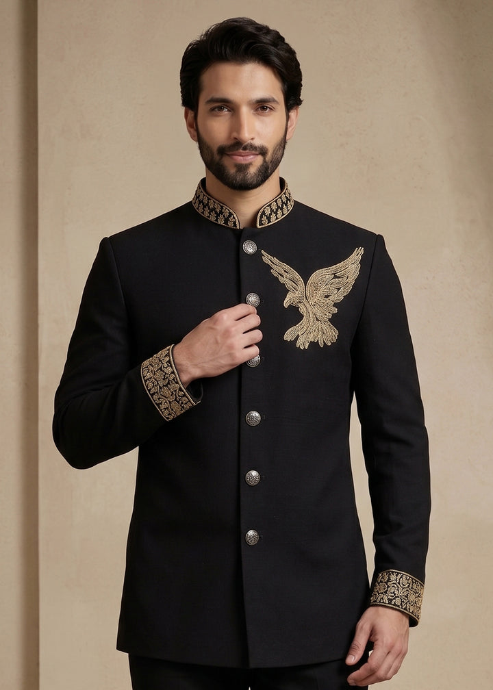 Black Satin Silk Jodhpuri Suit with Gold Eagle Embroidery