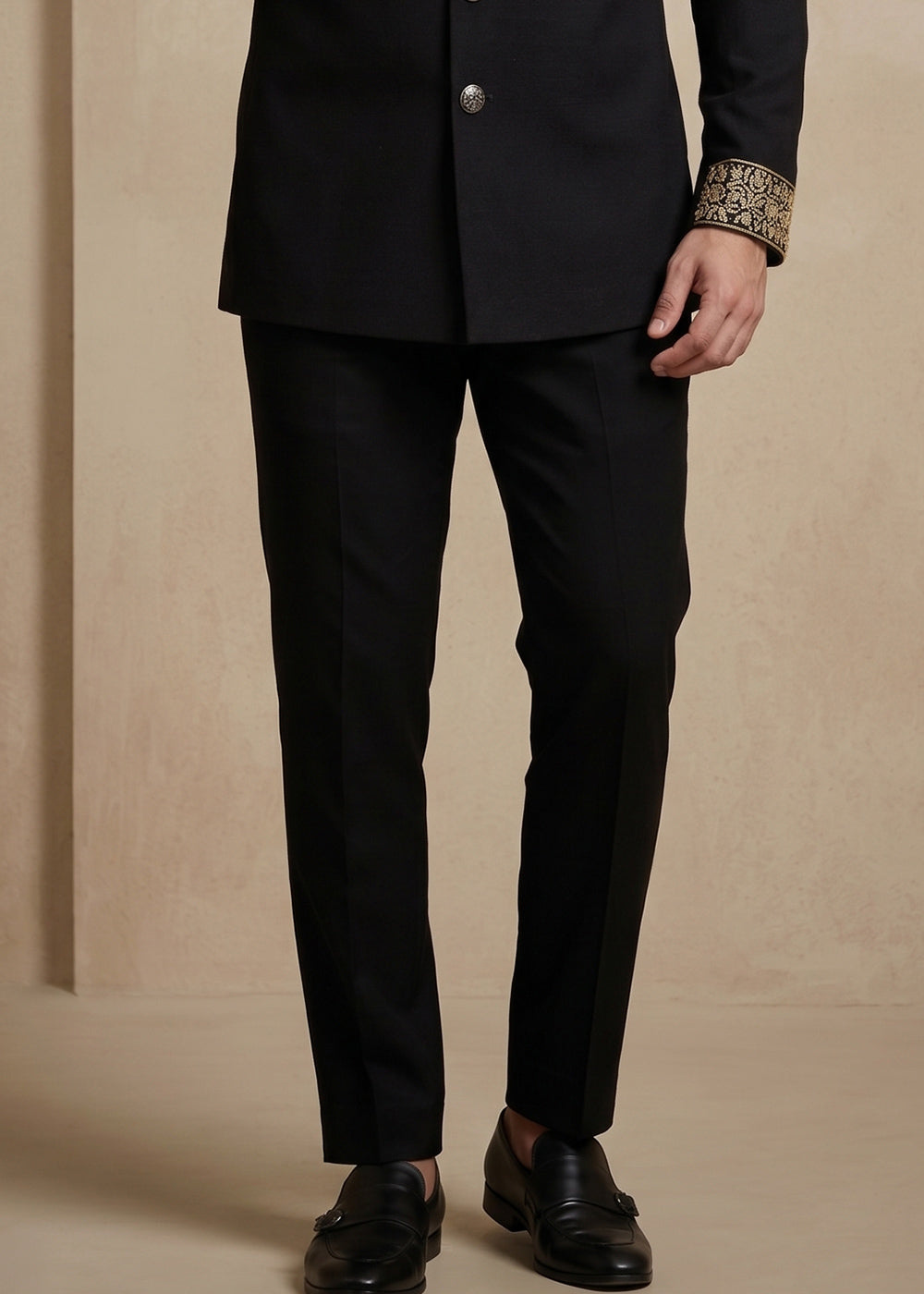Black Satin Silk Jodhpuri Suit with Gold Eagle Embroidery