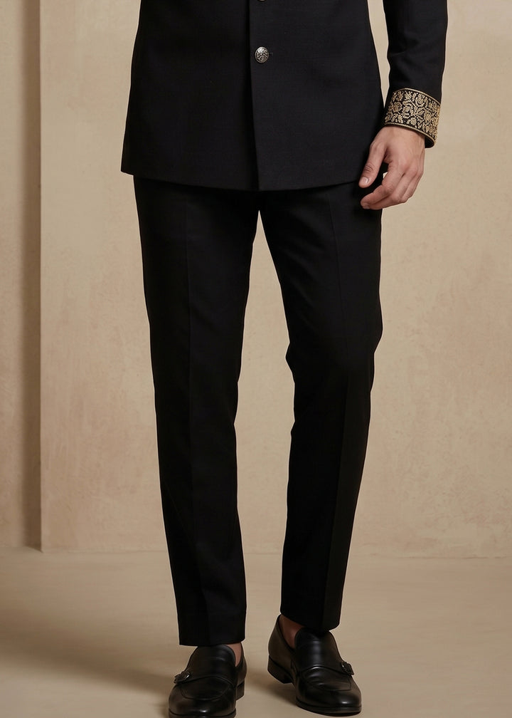 Black Satin Silk Jodhpuri Suit with Gold Eagle Embroidery