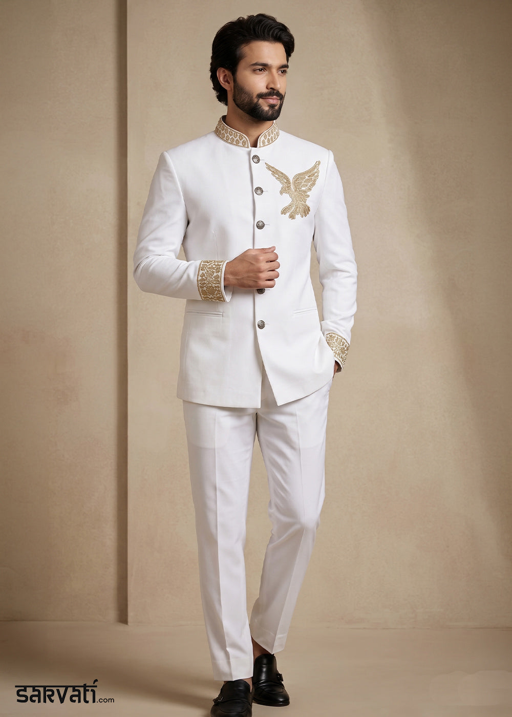 White Satin Silk Jodhpuri Suit with Gold Eagle Embroidery