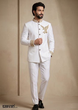 White Satin Silk Jodhpuri Suit with Gold Eagle Embroidery