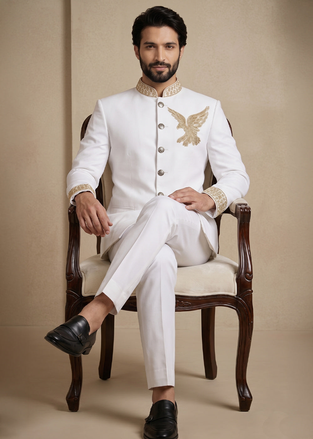 White Satin Silk Jodhpuri Suit with Gold Eagle Embroidery