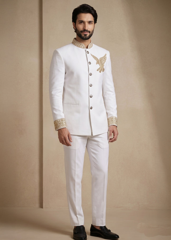 White Satin Silk Jodhpuri Suit with Gold Eagle Embroidery
