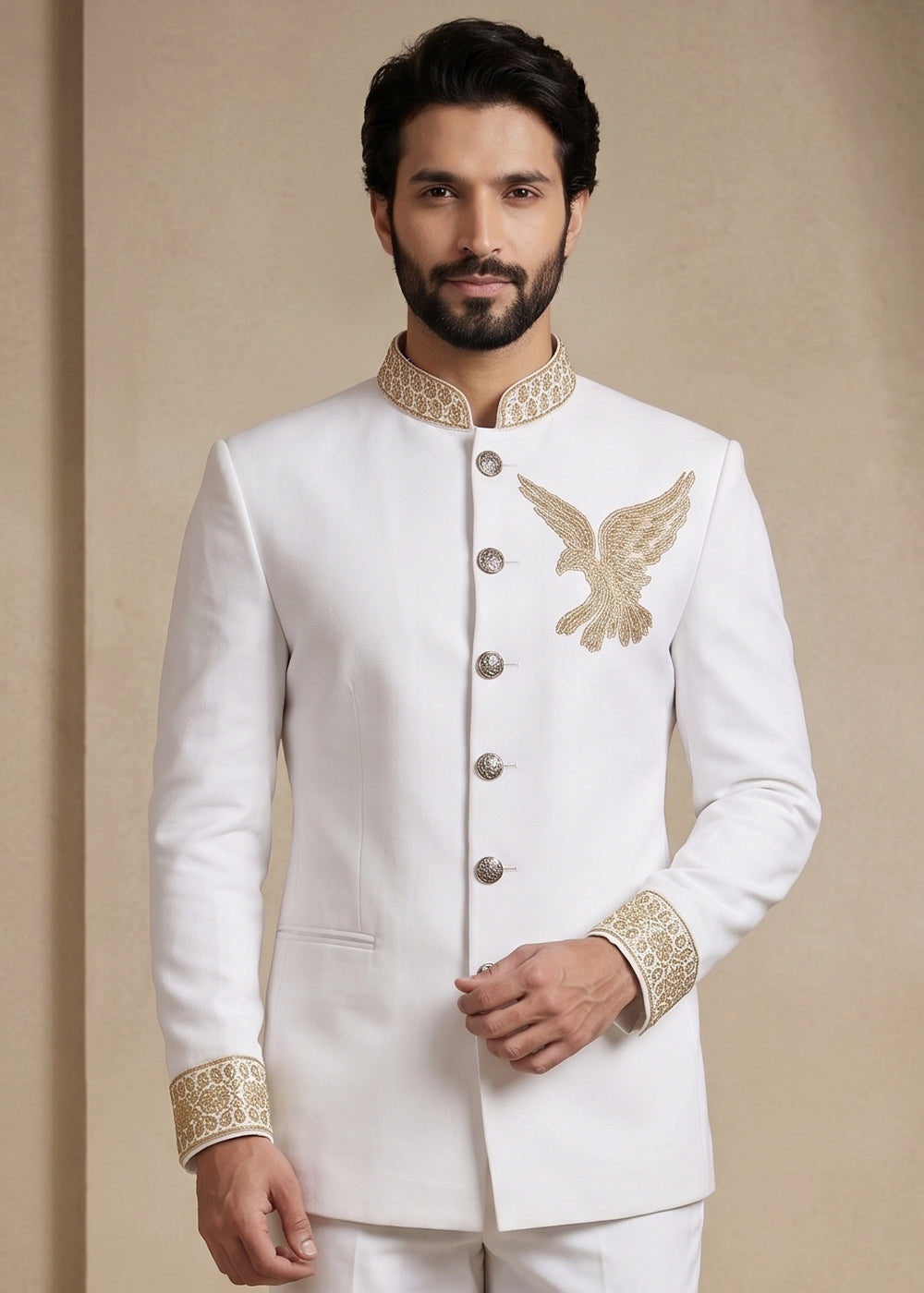 White Satin Silk Jodhpuri Suit with Gold Eagle Embroidery