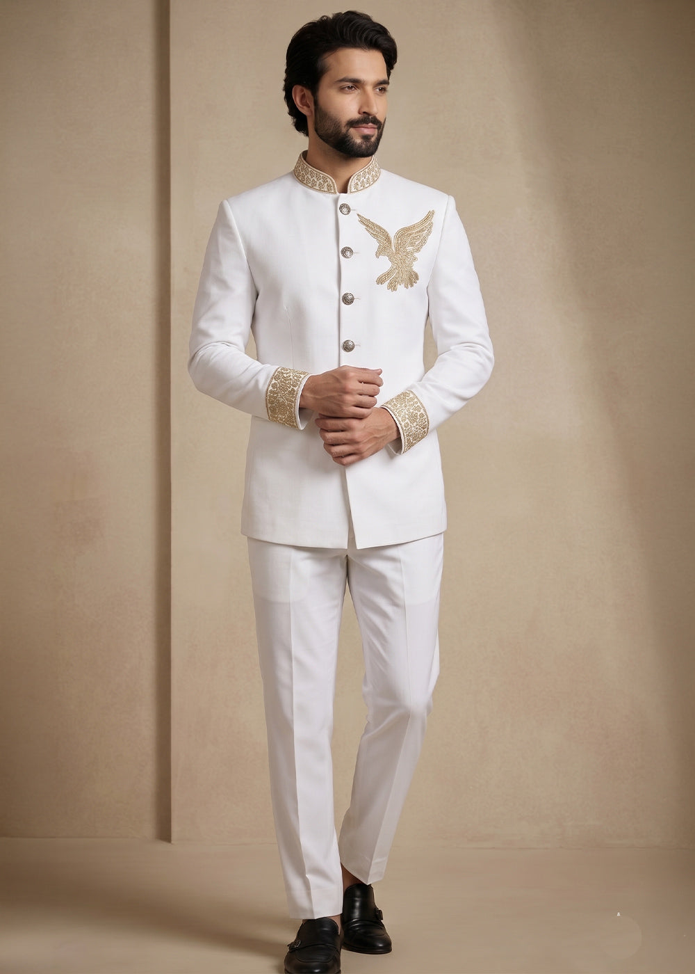 White Satin Silk Jodhpuri Suit with Gold Eagle Embroidery