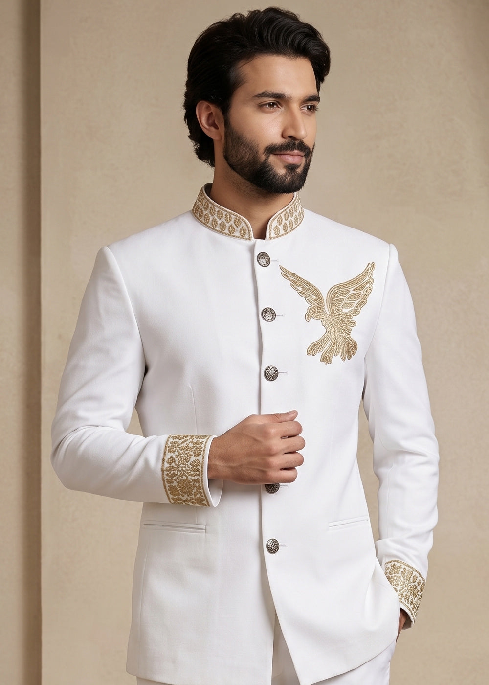 White Satin Silk Jodhpuri Suit with Gold Eagle Embroidery