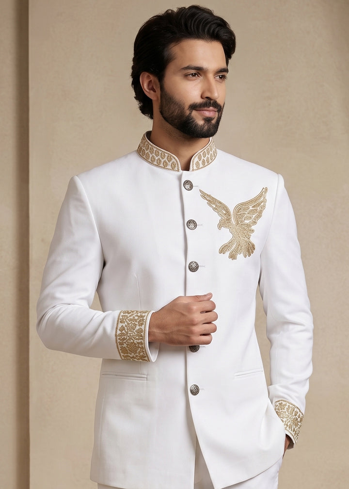 White Satin Silk Jodhpuri Suit with Gold Eagle Embroidery