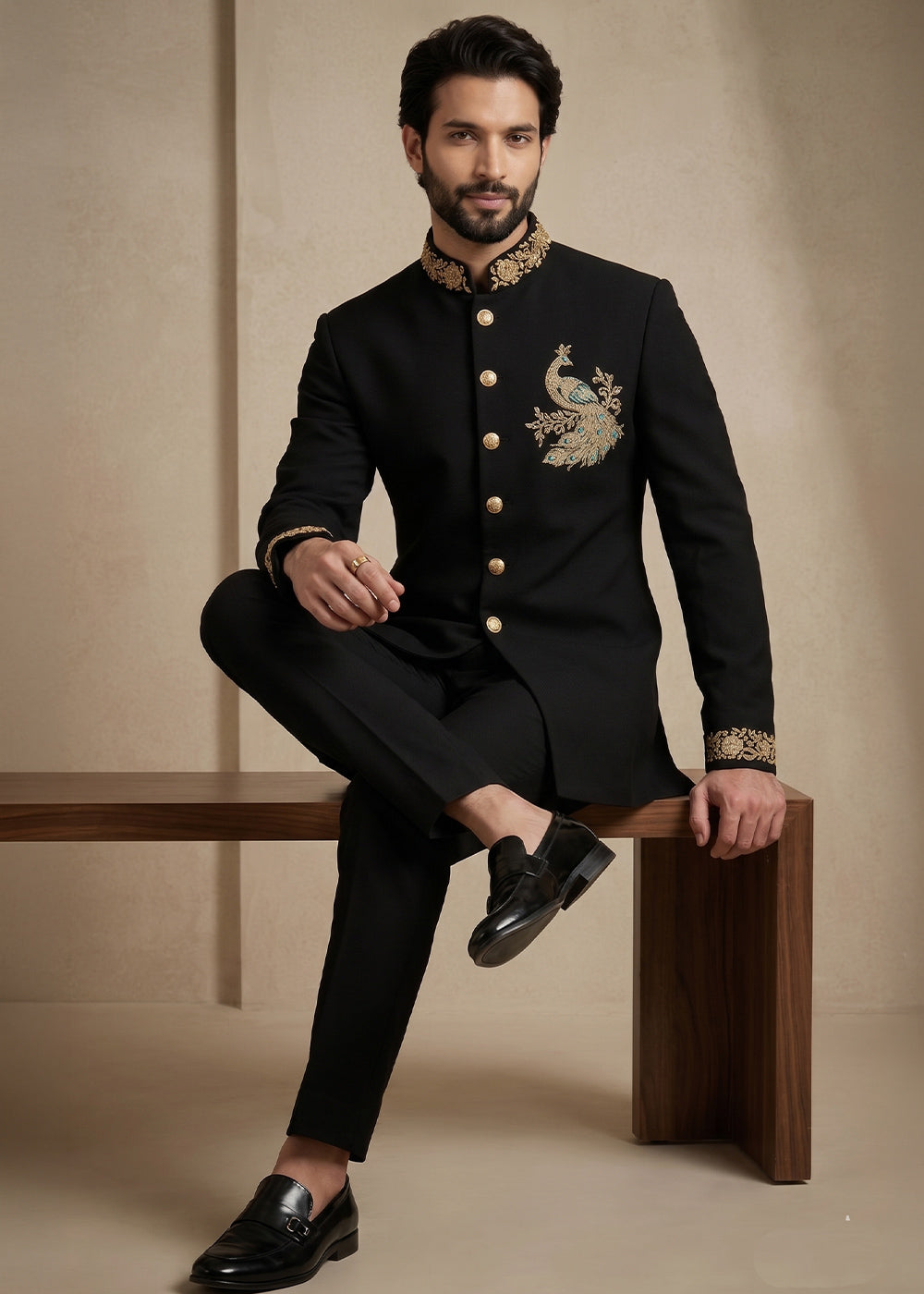 Black Satin Silk Jodhpuri Suit with Gold Peacock Embroidery