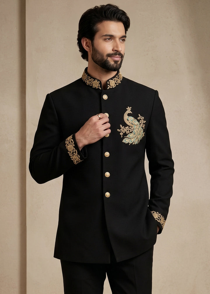 Black Satin Silk Jodhpuri Suit with Gold Peacock Embroidery