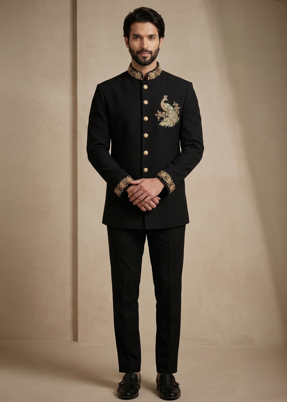Black Satin Silk Jodhpuri Suit with Gold Peacock Embroidery