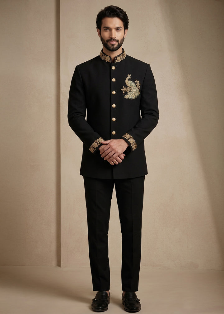 Black Satin Silk Jodhpuri Suit with Gold Peacock Embroidery