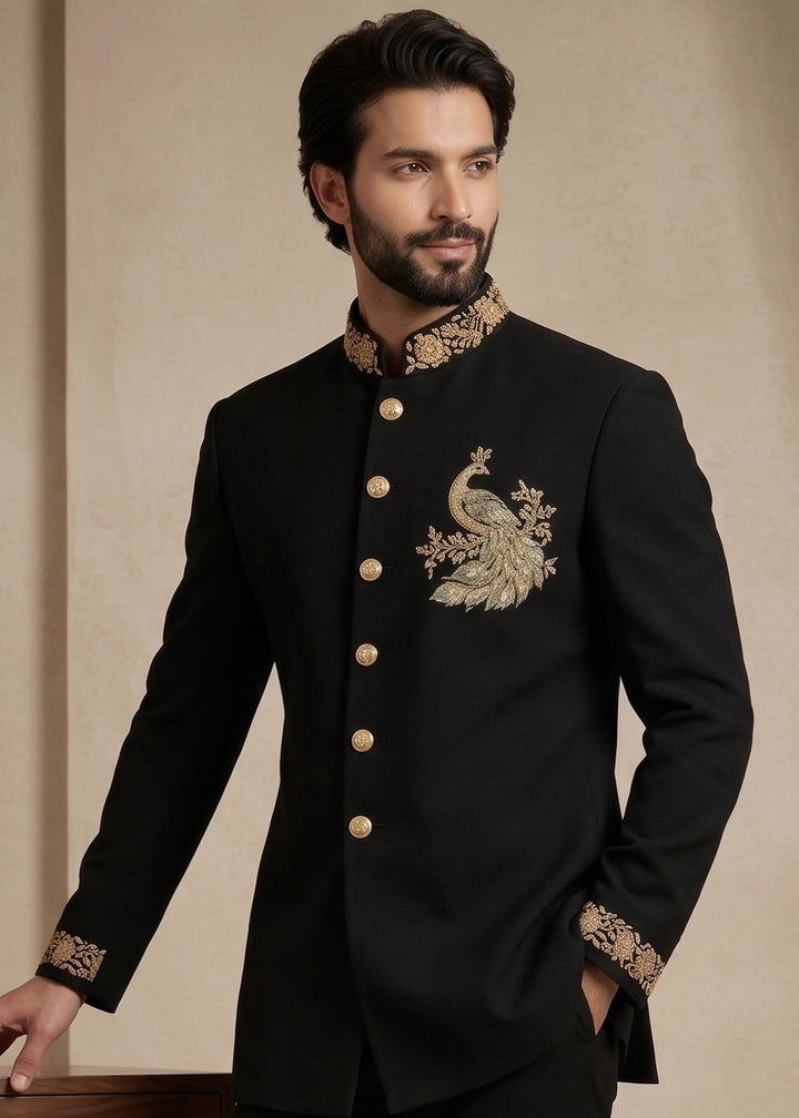 Black Satin Silk Jodhpuri Suit with Gold Peacock Embroidery
