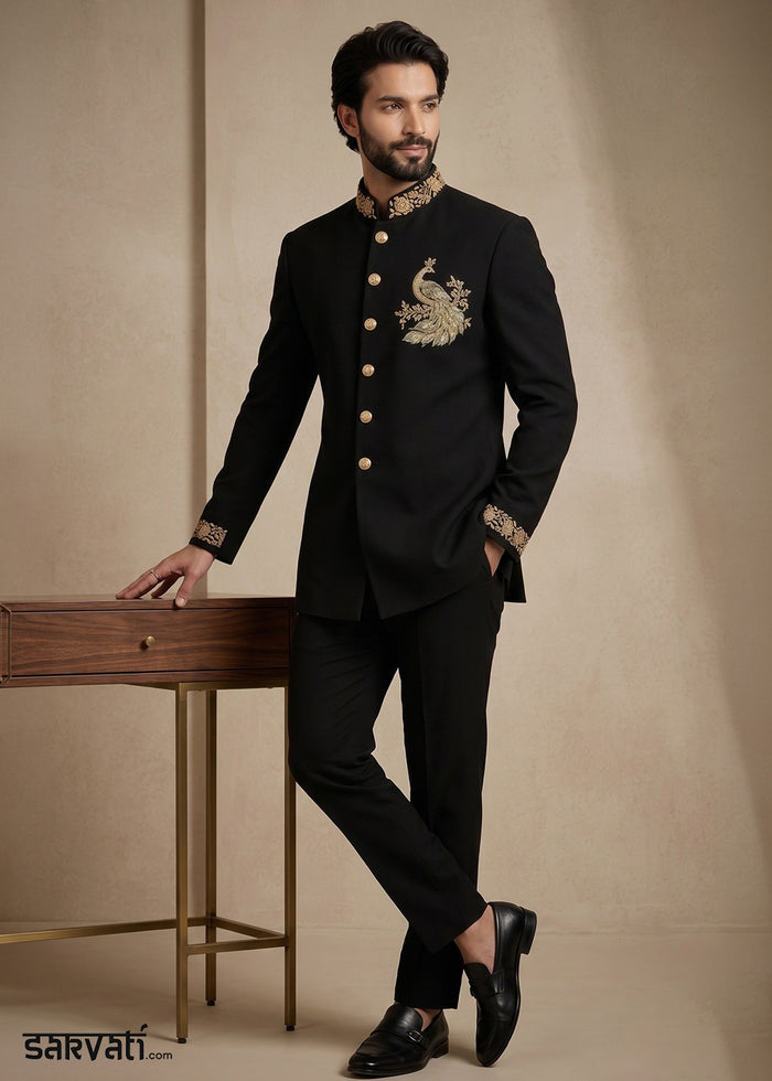 Black Satin Silk Jodhpuri Suit with Gold Peacock Embroidery