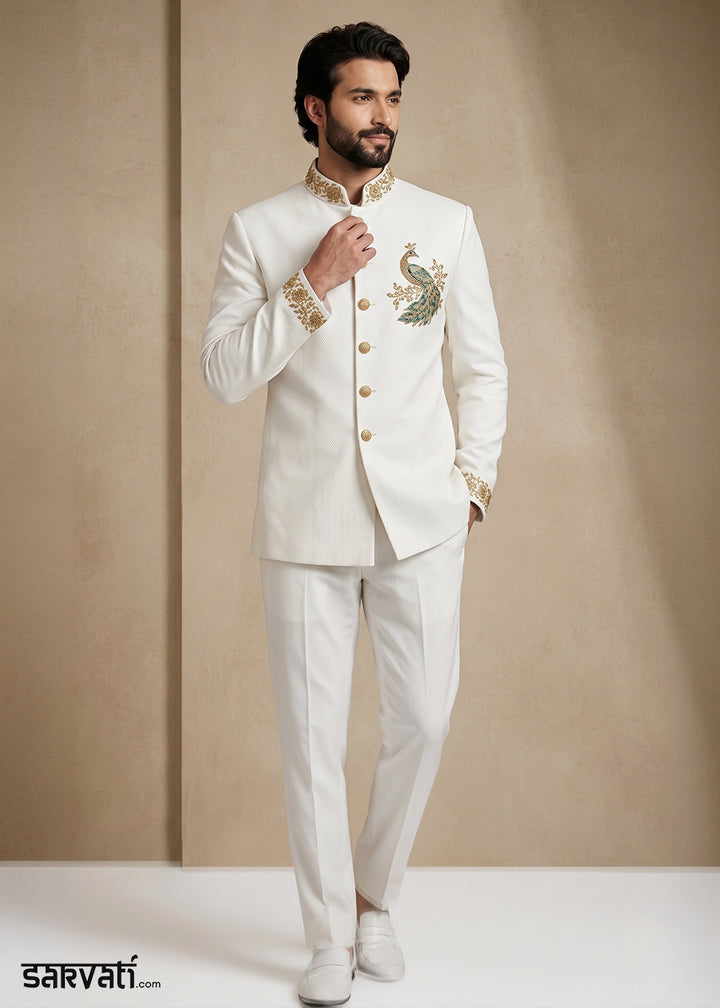 White Satin Silk Jodhpuri Suit with Peacock Embroidery