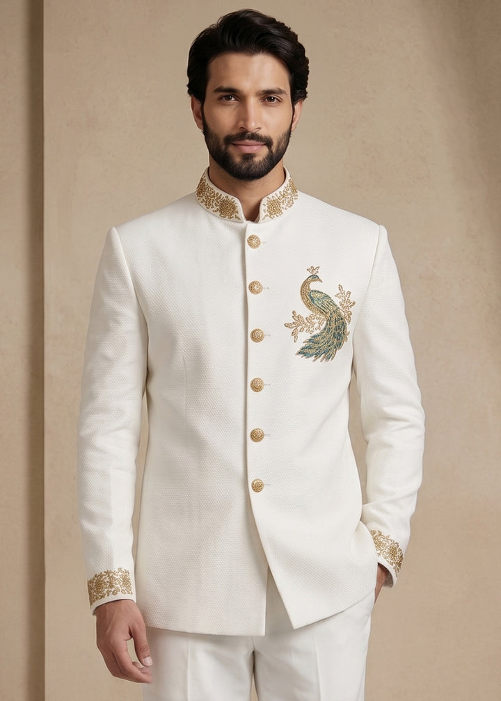White Satin Silk Jodhpuri Suit with Peacock Embroidery