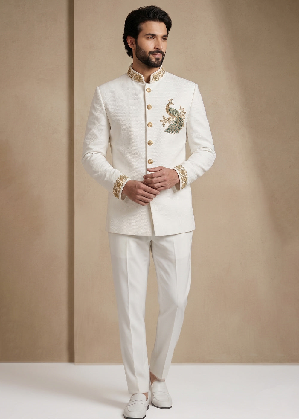 White Satin Silk Jodhpuri Suit with Peacock Embroidery