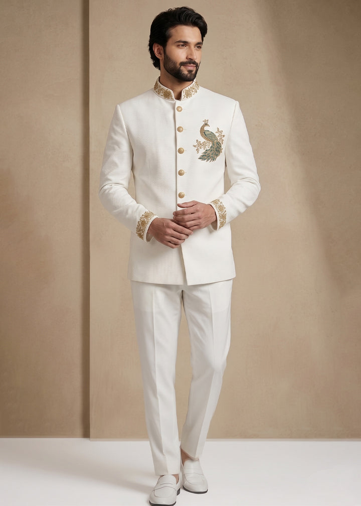 White Satin Silk Jodhpuri Suit with Peacock Embroidery