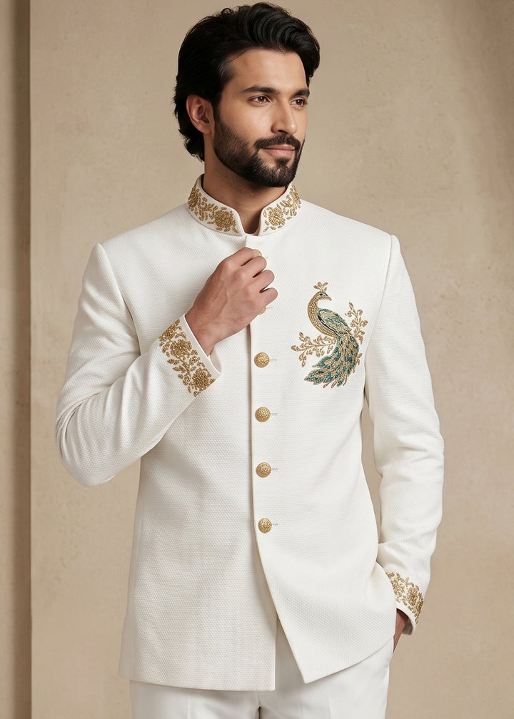 White Satin Silk Jodhpuri Suit with Peacock Embroidery
