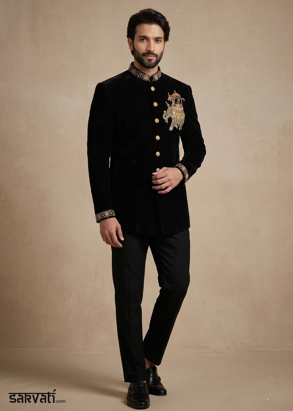 Black Satin Silk Jodhpuri Suit with Royal Elephant Embroidery