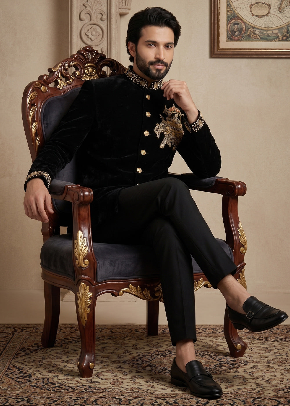 Black Satin Silk Jodhpuri Suit with Royal Elephant Embroidery