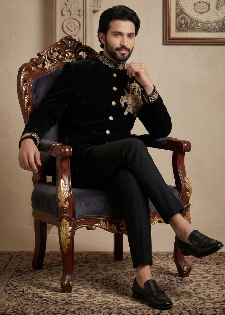 Black Satin Silk Jodhpuri Suit with Royal Elephant Embroidery