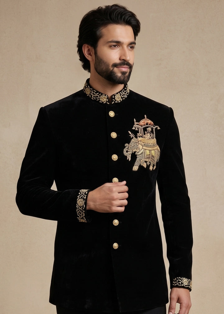 Black Satin Silk Jodhpuri Suit with Royal Elephant Embroidery