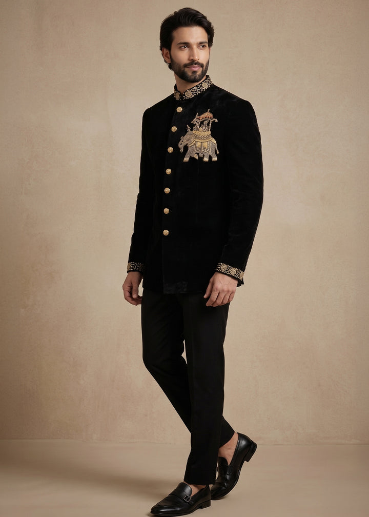 Black Satin Silk Jodhpuri Suit with Royal Elephant Embroidery