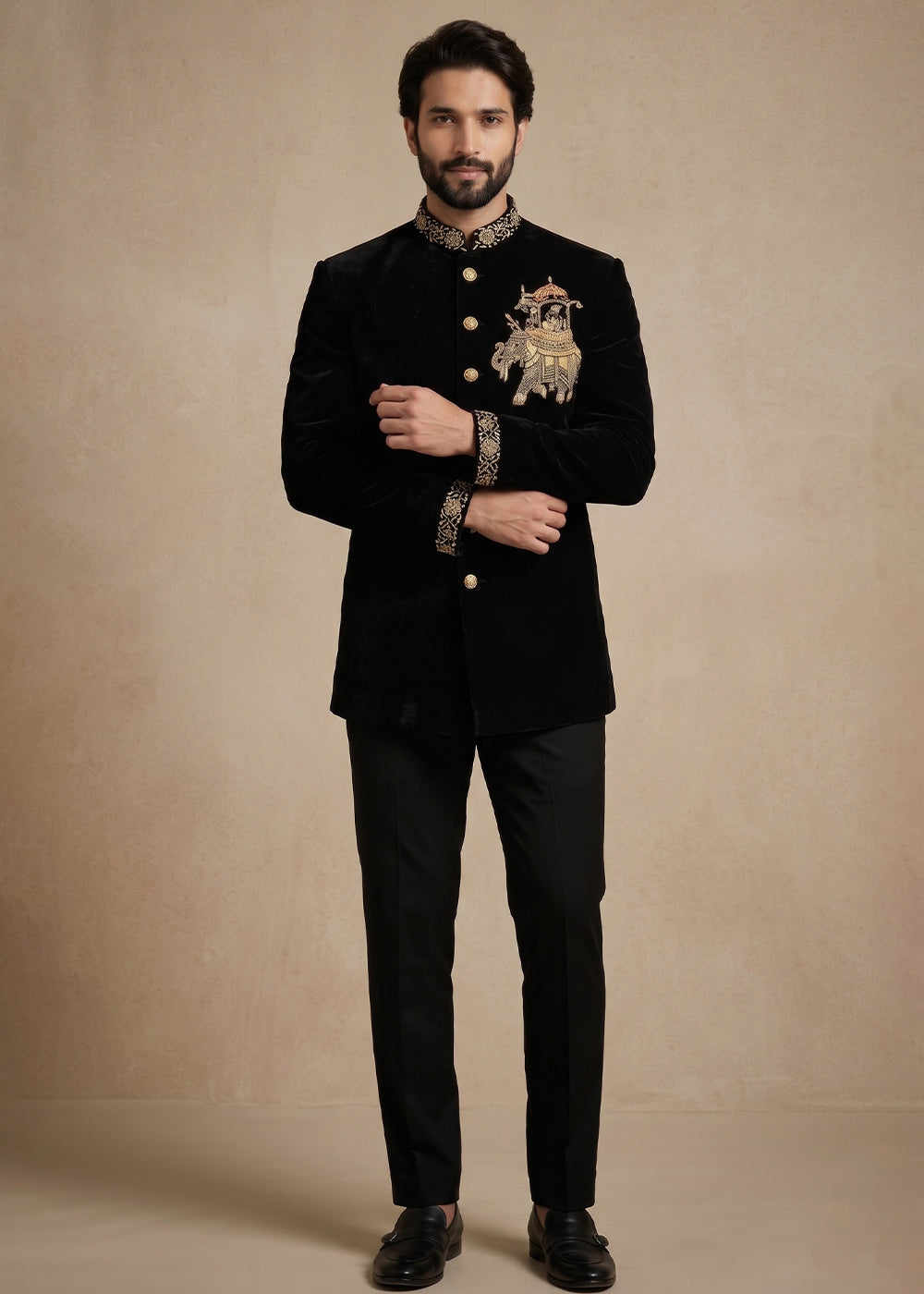 Black Satin Silk Jodhpuri Suit with Royal Elephant Embroidery