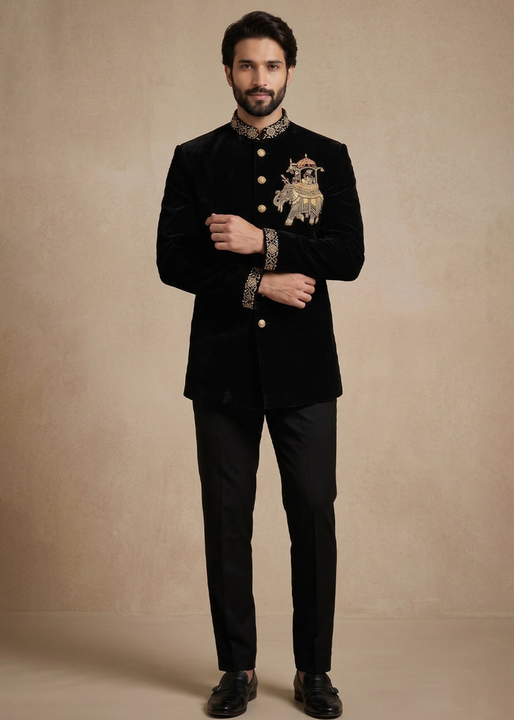 Black Satin Silk Jodhpuri Suit with Royal Elephant Embroidery