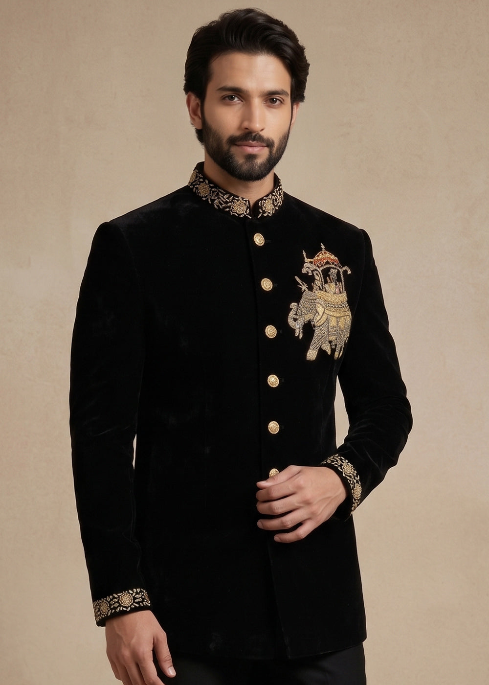 Black Satin Silk Jodhpuri Suit with Royal Elephant Embroidery