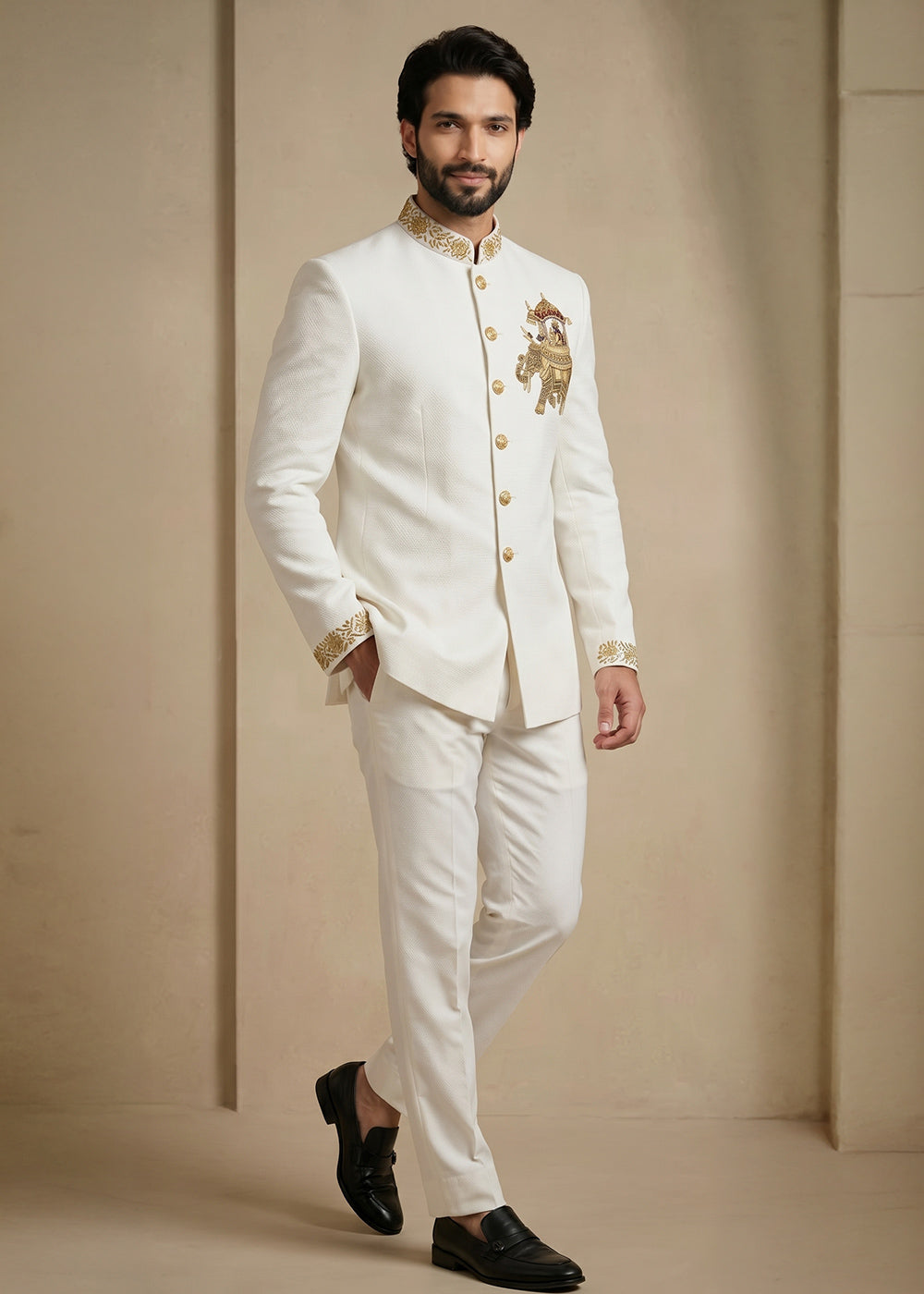 White Satin Silk Jodhpuri Suit with Royal Elephant Embroidery