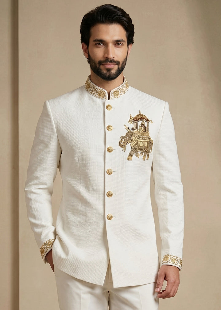 White Satin Silk Jodhpuri Suit with Royal Elephant Embroidery