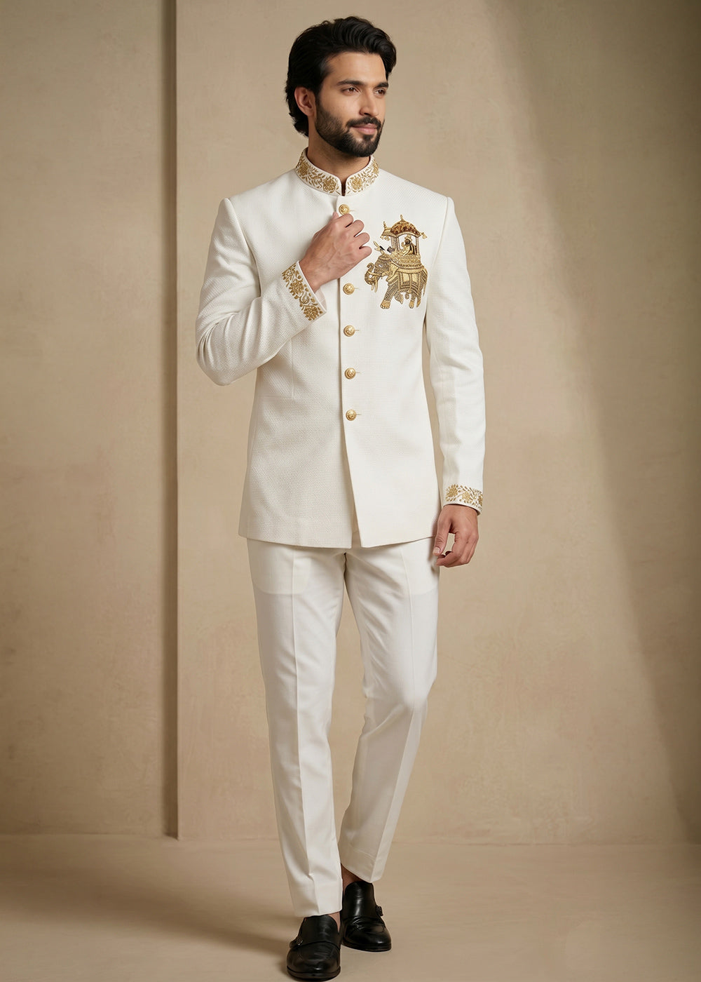 White Satin Silk Jodhpuri Suit with Royal Elephant Embroidery