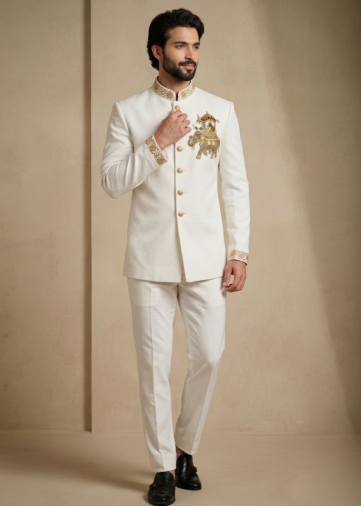 White Satin Silk Jodhpuri Suit with Royal Elephant Embroidery