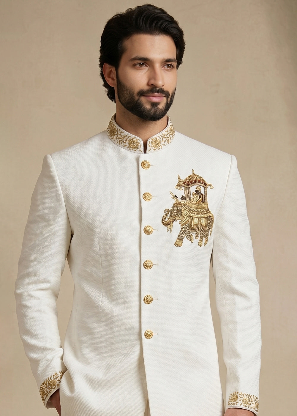 White Satin Silk Jodhpuri Suit with Royal Elephant Embroidery
