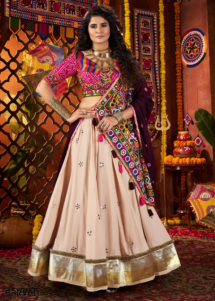 Cream White & Pink Lehenga Choli with Kutchi Mirror and Thread Detailing