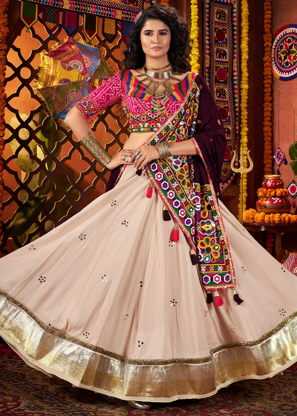 Cream White & Pink Lehenga Choli with Kutchi Mirror and Thread Detailing