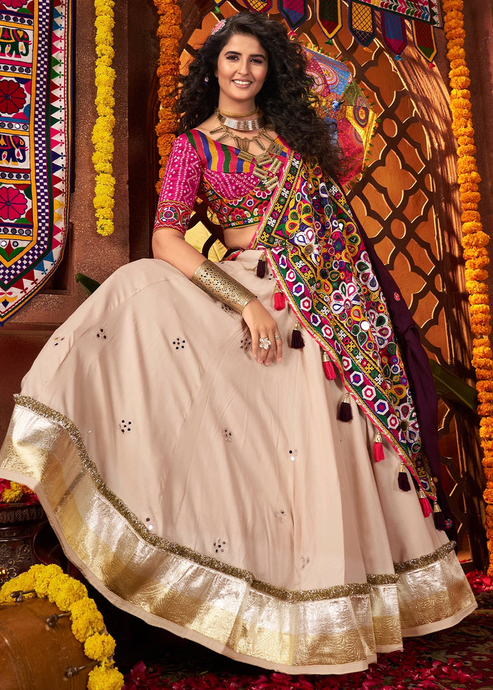 Cream White & Pink Lehenga Choli with Kutchi Mirror and Thread Detailing