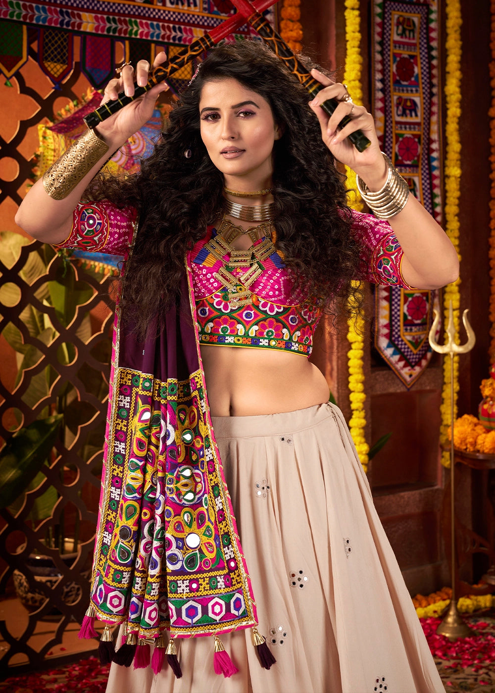 Cream White & Pink Lehenga Choli with Kutchi Mirror and Thread Detailing