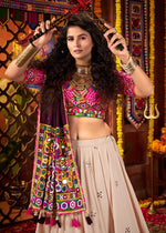 Cream White & Pink Lehenga Choli with Kutchi Mirror and Thread Detailing