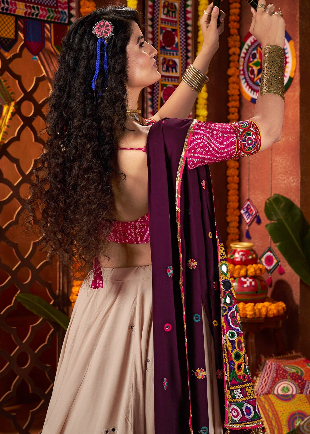 Cream White & Pink Lehenga Choli with Kutchi Mirror and Thread Detailing
