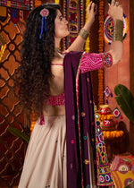 Cream White & Pink Lehenga Choli with Kutchi Mirror and Thread Detailing